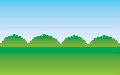 Green nature landscape and blue sky.Field and meadow.Hills and grass.Park or outdoor.Golf courses.Summer background.Garden or turf.Farm and countryside scenery.Cartoon vector illustration.Wallpaper.