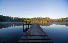 Wide View On A Small Lagoon In Mazury Lakes Area In Poland Just Before Daybreak / After Dawn. Wide Angle Landscape Scene.