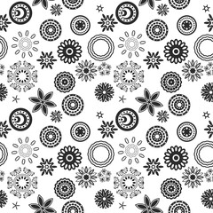 Poster - The black shapes are round ornate. Black and white psychedelic flowers are round. Seamless pattern for a stylish interior.