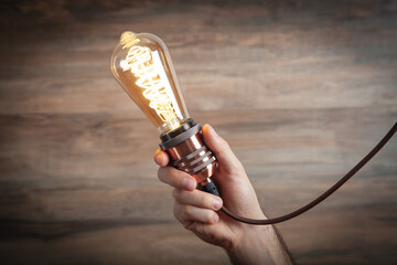 Wall Mural - Male hand holding vintage modern light bulb over wooden background.