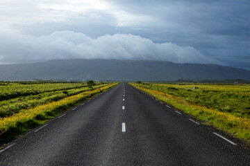 Wall Mural - Very picturesque empty road in iceland in summer. Asphalt road as a symbol of freedom and travel.