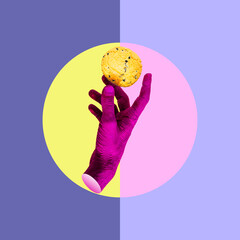 Wall Mural - A pink-painted hand holds an American chocolate chip cookie. collage art.