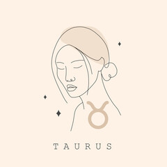 Wall Mural - Taurus zodiac sign. One line drawing. Astrological icon with abstract woman face. Mystery and esoteric outline logo. Horoscope symbol. Linear vector illustration in minimalist style.