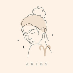 Wall Mural - Aries zodiac sign. One line drawing. Astrological icon with abstract woman face. Mystery and esoteric outline logo. Horoscope symbol. Linear vector illustration in minimalist style.