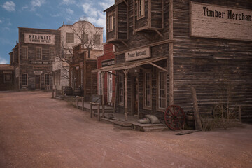 Poster - Empty old wild west town street with timber merchant, undertaker, general store and hardeware supplies businesses. 3D rendering.