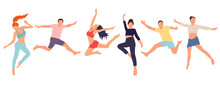 Jumping Men And Women In Flat Style, Isolated, Vector