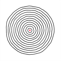 Leinwandbilder - Hand drawn round shape made of uneven artistic linear concentric circles. Radial frame, border templates, graphic design elements set. Thin doodle lines. Tiny heart in the centre. Text background.