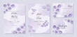 © Алена Запорожченко - Set of wedding invitation cards with purple eucalyptus branches and watercolor splashes on a lilac background.