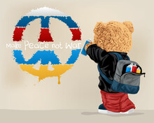Vector illustration of teddy bear painting colorful peace symbol with spray paint