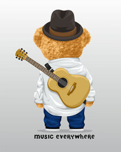Vector Illustration Of Teddy Bear Carrying Acoustic Guitar On It's Back