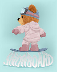 Wall Mural - Vector illustration of teddy bear in winter coat playing snowboard