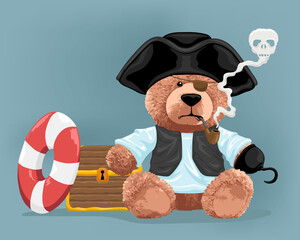 Canvas Print - Vector illustration of teddy bear in pirate costume with treasure chest and life buoy