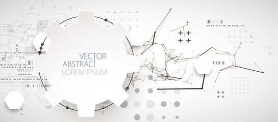 Abstract background on technological and scientific topics. Plexus effect with various techno details with a place under the text. Vector format.
