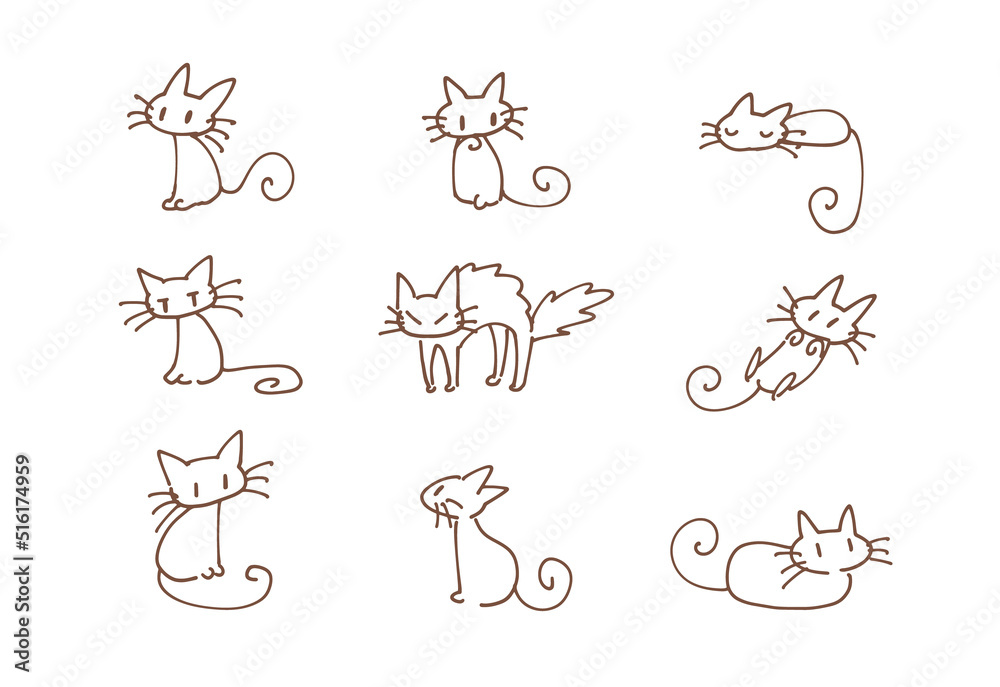 ペン画 シンプルな猫のイラストセット 動物 手描き 落書き Stock