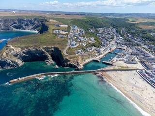 Portreath harbour on a sunny day cornwall england uk aerial drone 