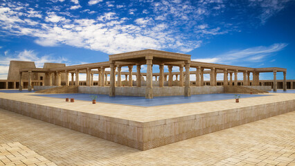 Poster - Ancient Egyptian pharaohs palace with stone columns and a large blue water pool. 3D rendering.