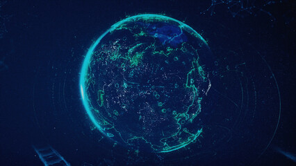 Poster - Digital data globe, abstract 3D scientific and technological background. Animation. Earth planet surrounded by schematic bridges of dots and lines, plexus style, communication concept.