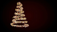 Golden lights spiraling to the form of an abstract Christmas tree with children toys and garland of snowflakes. Animation. Rotating New Year spruce on black background.