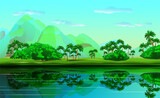 Fototapeta Natura - Landscape background. Mountain landscape. Panoramic landscape with palm trees, river and mountains. Vector illustration.