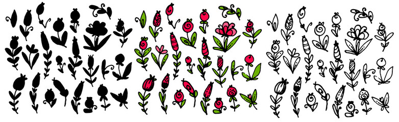 Wall Mural - a set of vector cute patterned twigs with red fruits, berries and green leaves with a black outline and silhouette options on white, hand-drawn plants in the style of a doodle, for a textile design te