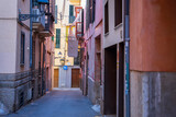 Fototapeta Uliczki - Typowa wąska uliczka w miasteczku Palma, Majorka. Kolorowe fasady miejskich domów.