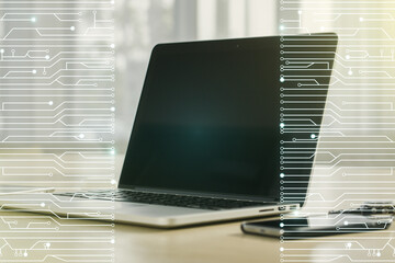 Aufkleber - Double exposure of circuit hologram on laptop background. Research and development hardware concept
