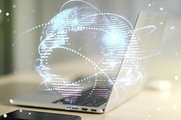 Poster - Abstract graphic digital world map with connections on modern computer background, globalization concept. Multiexposure