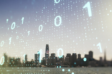 Aufkleber - Abstract virtual binary code sketch on San Francisco office buildings background, hacking and matrix concept. Multiexposure