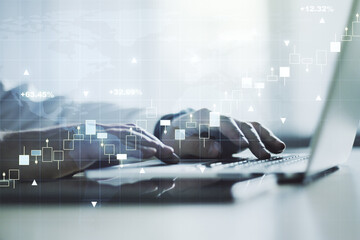Poster - Abstract creative financial graph with world map and with hands typing on laptop on background, forex and investment concept. Multiexposure