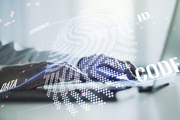 Aufkleber - Abstract creative fingerprint illustration with hands typing on laptop on background, personal biometric data concept. Multiexposure