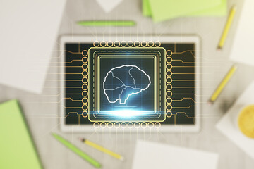Poster - Double exposure of creative artificial Intelligence symbol and digital tablet on background, top view. Neural networks and machine learning concept
