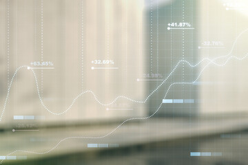Poster - Double exposure of abstract creative statistics data hologram on contemporary business center exterior background, analytics and forecasting concept