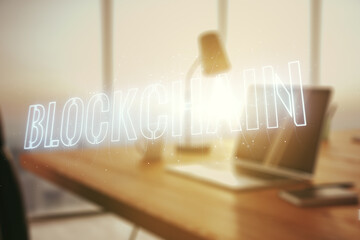 Poster - Creative abstract blockchain technology sketch on modern laptop background, future technology and blockchain concept. Double exposure