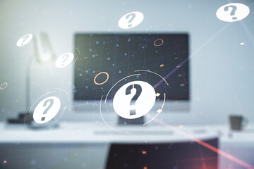 Aufkleber - Creative abstract question mark hologram on modern computer background, future technology concept. Multi exposure