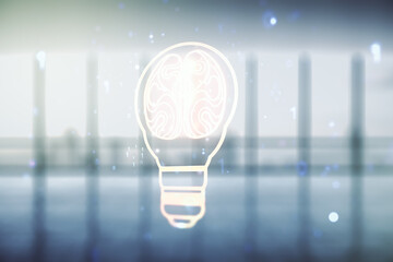Aufkleber - Abstract virtual idea concept with light bulb and human brain illustration on empty corporate office background. Neural networks and machine learning concept. Multiexposure