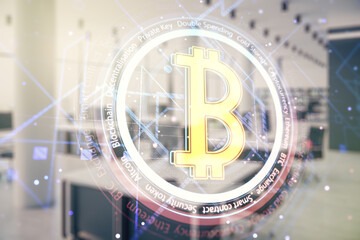Poster - Double exposure of creative Bitcoin symbol hologram on a modern furnished office interior background. Mining and blockchain concept