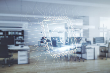 Aufkleber - Double exposure of creative artificial Intelligence interface on modern corporate office background. Neural networks and machine learning concept
