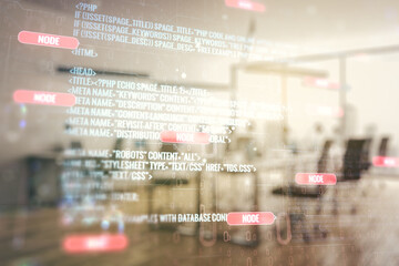 Poster - multi exposure of abstract software development hologram on modern corporate office background, rese