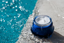 Moisturising Beauty Cream, Skincare And Spa Cosmetics By Swimming Pool In Summer, Cosmetic Product And Skin Care