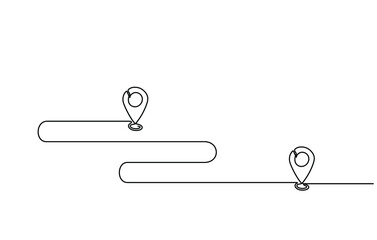 Wall Mural - Continuous one line drawing of path and Location pointers. Simple pins on way between two points in thin Linear style. Gps navigation and Travel concept. Doodle vector illustration