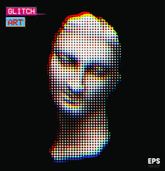 Glitch Art. Vector glitch corrupted RGB color mode offset illustration from 3D rendering of female classical head sculpture in dot halftone style isolated on black background.