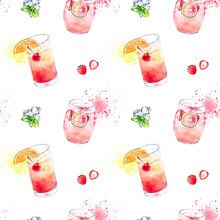 Seamless Watercolor Pattern With Cocktails, Berries And Mint Isolated On White Background. Hand Drawn Illustration