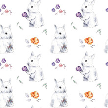 Seamless Pattern With White Rabbits And Flowers Isolated On White Background. Watercolor Hand Drawn Illustration.