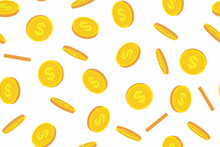 Falling Coins Repeat Seamless Pattern. Gold Coin Of Dollar. Flat, Isolated