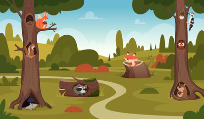 wild forest animals. big hollow trees for relax time exact vector cartoon background