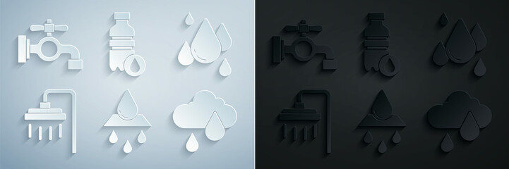 Sticker - Set Recycle clean aqua, Water drop, Shower, Cloud with rain, Bottle of water and tap icon. Vector