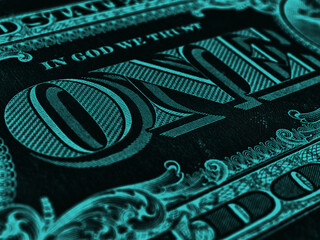Wall Mural - american paper money. 1 one us dollar banknote. word one closeup. dark turquoise inverted background