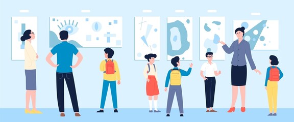 Kids and teacher in museum. Children tour in art gallery, young visitors and lector. Teens looks pictures, culture weekend or educational visit recent vector scene