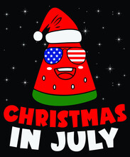 Christmas In July 4th Of July Funny Summer Shirt Print Template, Santa's Hat Usa Flag Glasses Watermelon Fruit And Merry Christmas Element Vector 