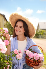 Wall Mural - Happy young woman with basket of pink tea roses in blooming garden